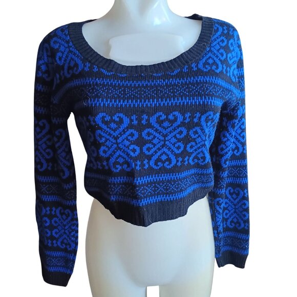 Blue & Black Cotton Emporium Cropped Sweater XS Nordic Pattern Knit Pullover - Picture 1 of 6